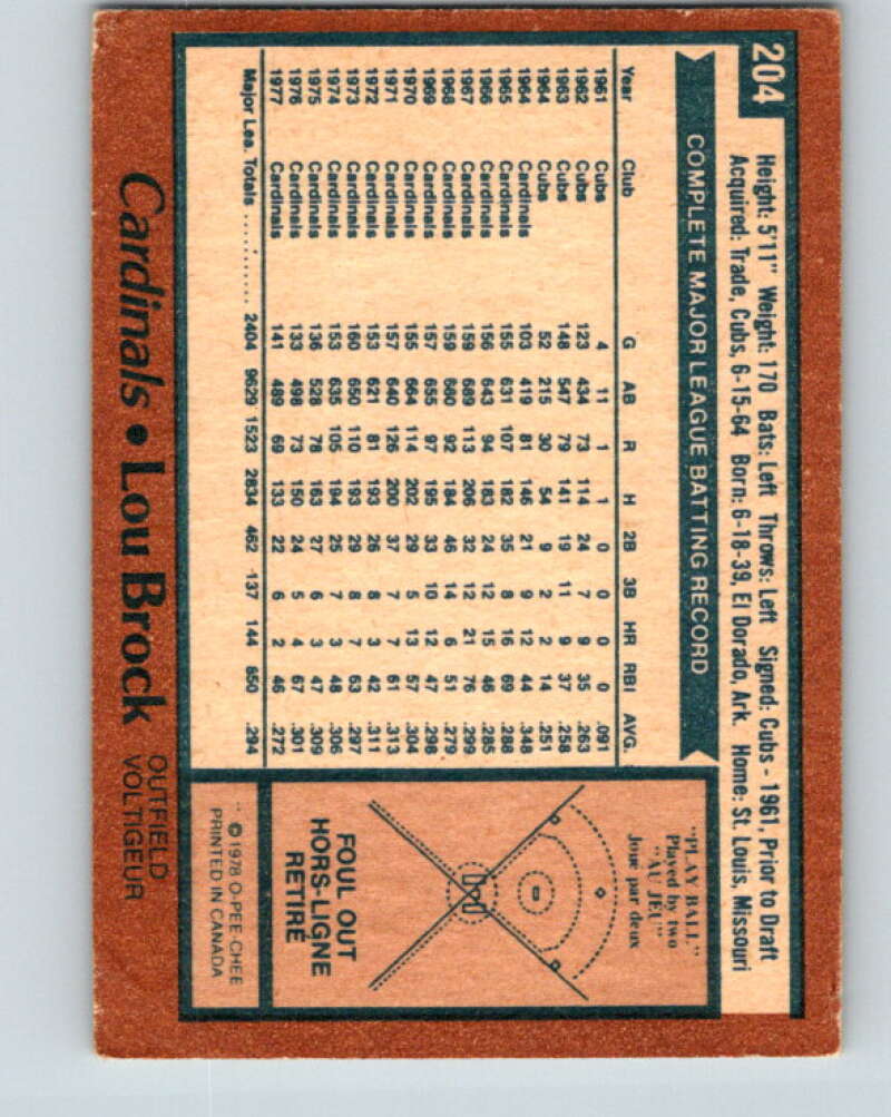 1978 O-Pee-Chee #204 Lou Brock  St. Louis Cardinals  V32381