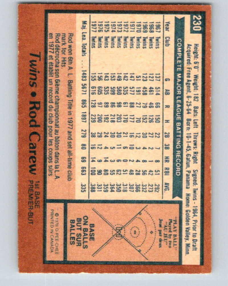 1978 O-Pee-Chee #230 Rod Carew  Minnesota Twins  V32386