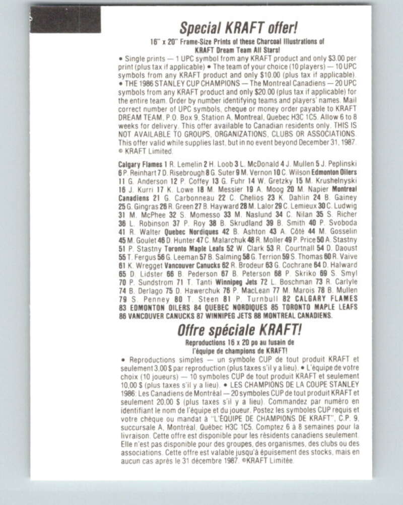 1986-87 NHL Kraft Drawings Alain Cote Nordiques  V32559