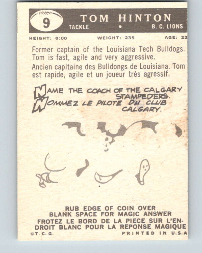 1959 Topps CFL Football #9 Tom Hinton, British Collumbia Lions  V32593