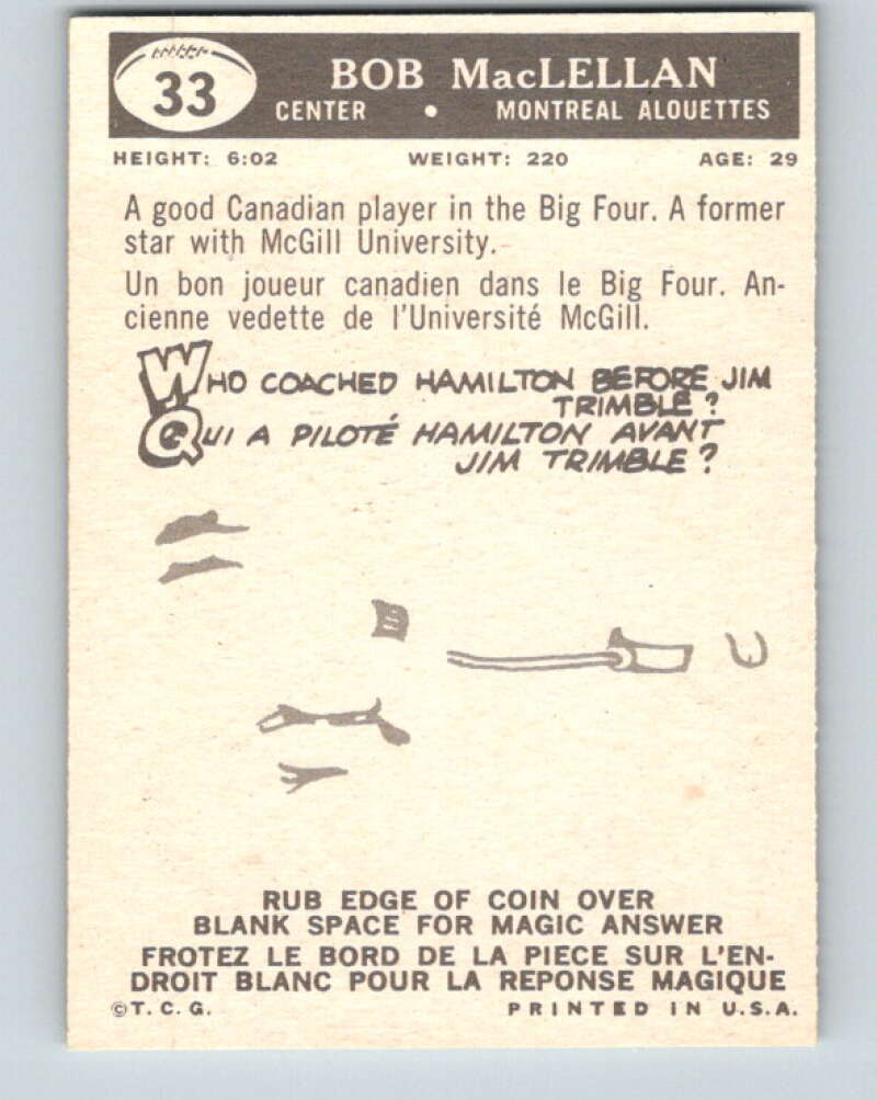 1959 Topps CFL Football #33 Bob MacLellan, Montreal Alouettes  V32619