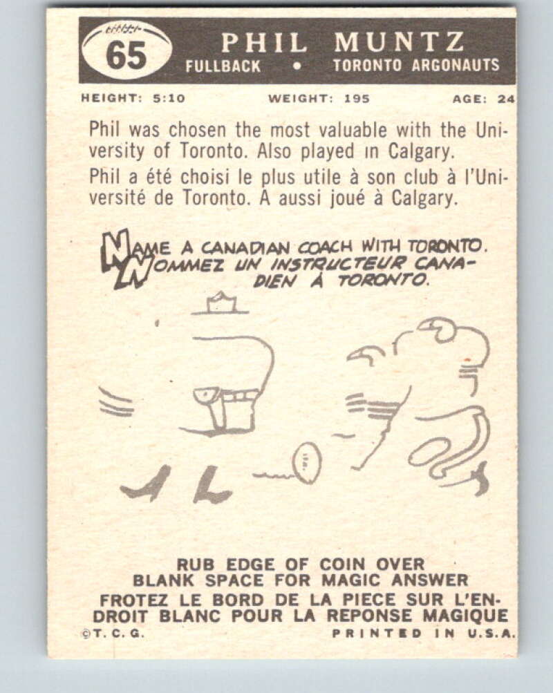 1959 Topps CFL Football #65 Phil Muntz, Toronto Argonauts  V32658