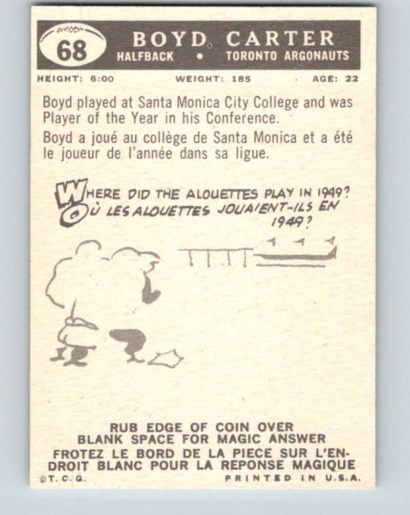 1959 Topps CFL Football #68 Boyd Carter, Toronto Argonauts  V32660