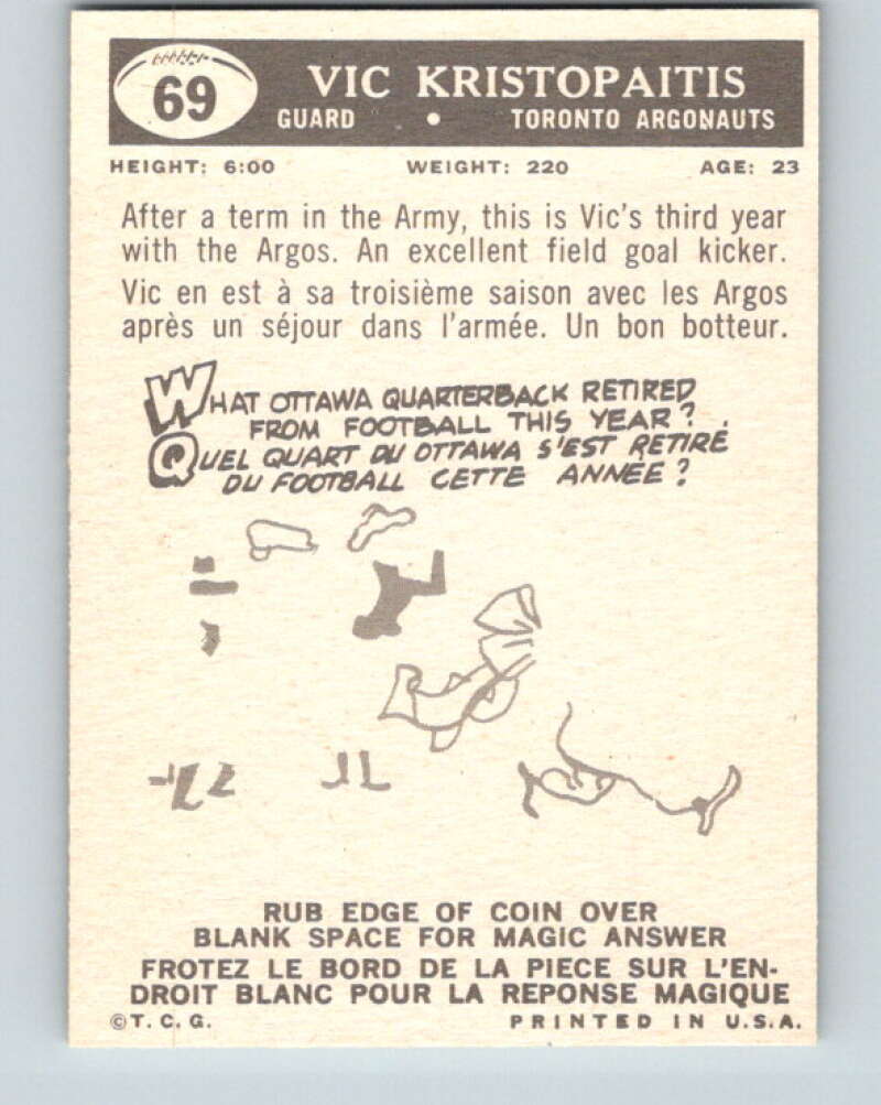 1959 Topps CFL Football #69 Vic Kristopaitis, Toronto Argonauts  V32661