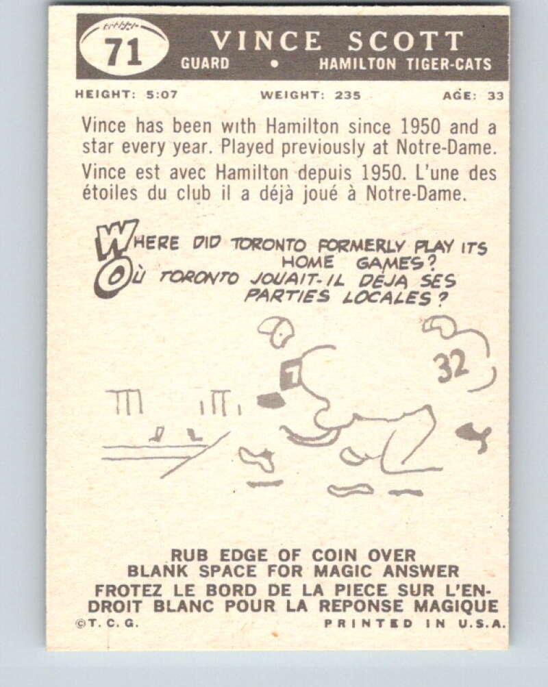 1959 Topps CFL Football #71 Vince Scott, Hamilton Tiger-cats  V32665