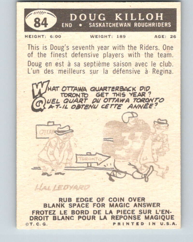 1959 Topps CFL Football #84 Doug Killoh, Saskatchewan Roughriders  V32679