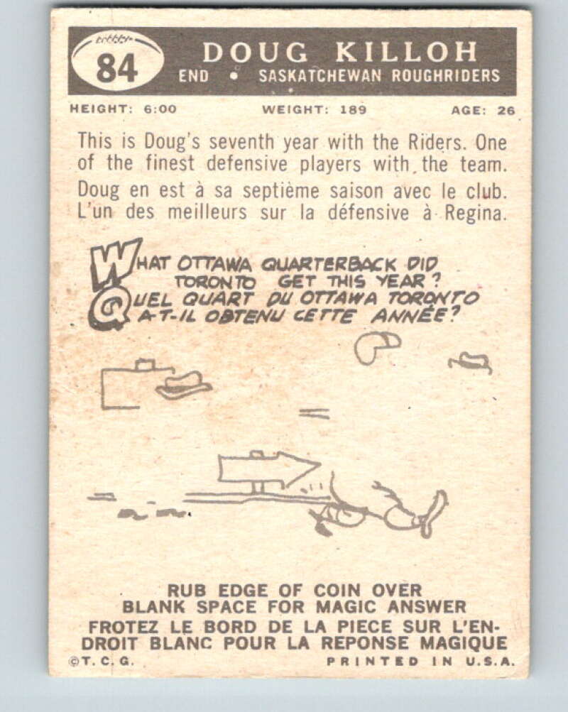 1959 Topps CFL Football #84 Doug Killoh, Saskatchewan Roughriders  V32680