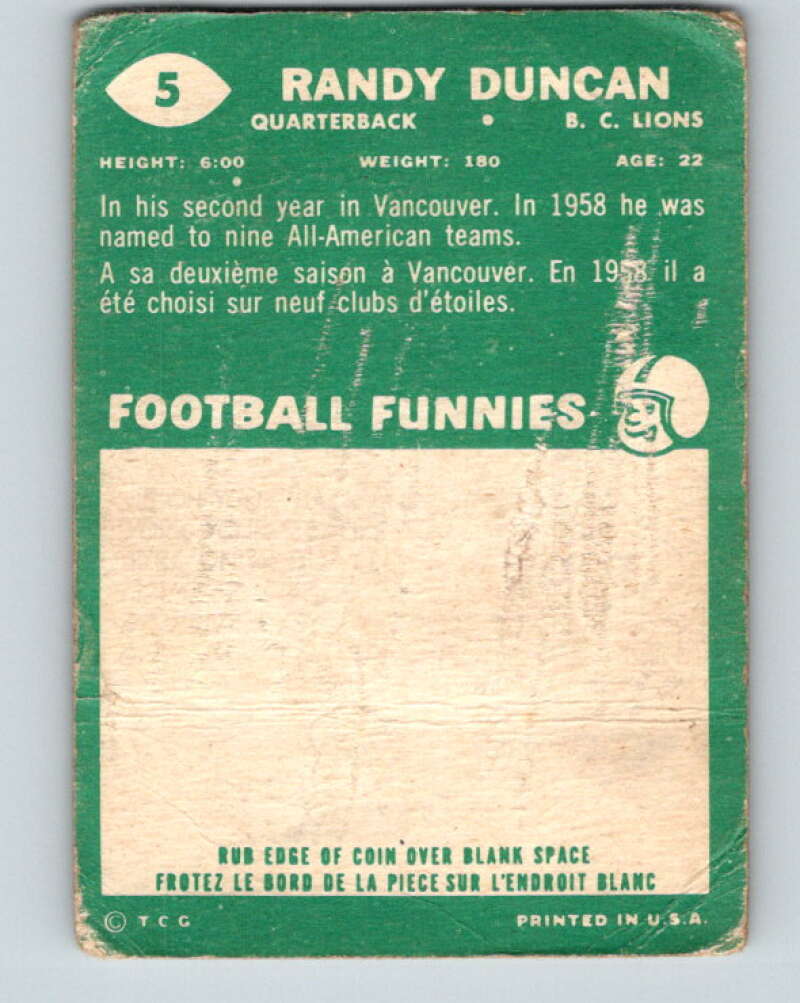 1960 Topps CFL Football #5 Randy Duncan, B.C.Lions  V32684