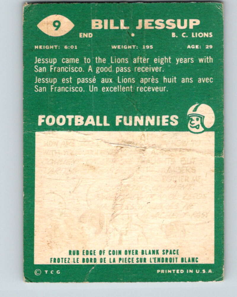 1960 Topps CFL Football #9 Bill Jessup, B.C. Lions  V32685