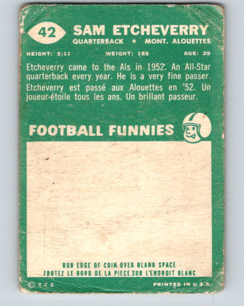 1960 Topps CFL Football #42 Sam Etcheverry, Alouettes  V32691