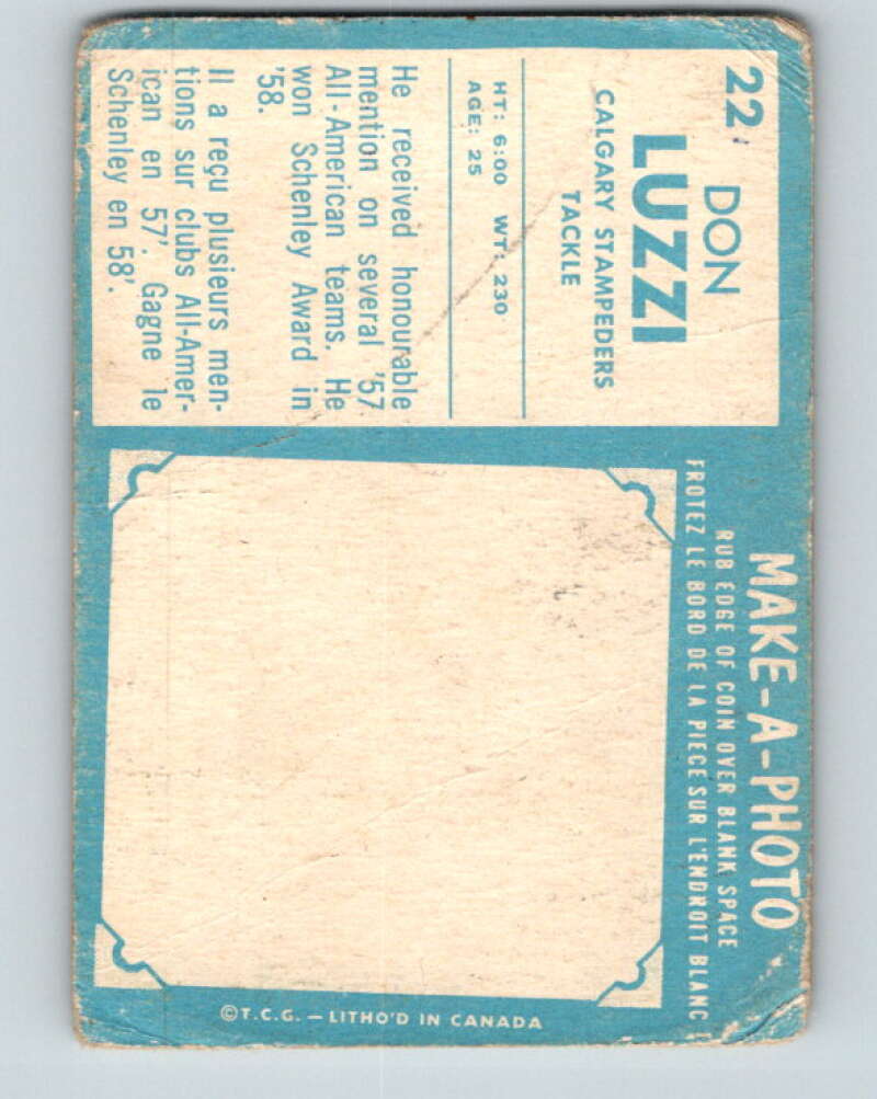 1961 Topps CFL Football #22 Don Luzzi, Calgary Stampeders  V32700