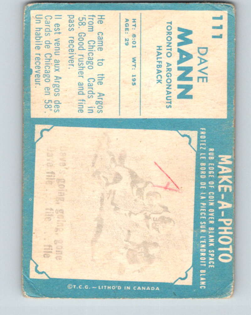 1961 Topps CFL Football #111 Dave Mann, Toronto Argonauts  V32724
