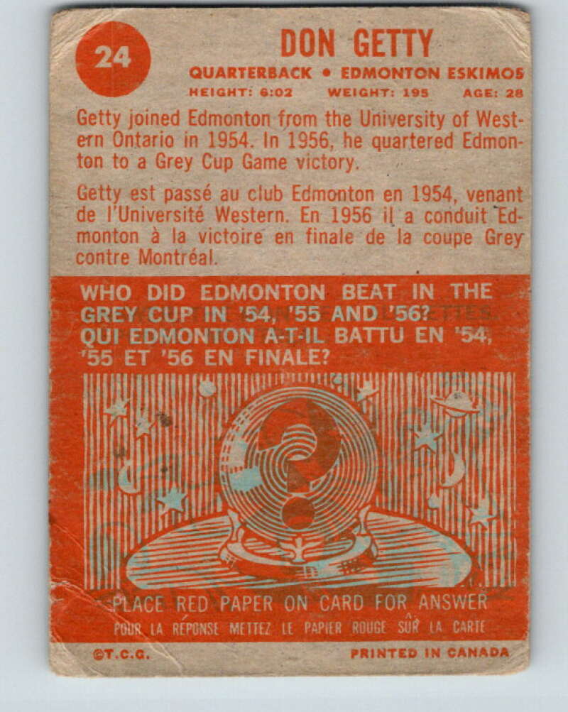 1963 Topps CFL Football #24 Don Getty, Edmonton Eskimos  V32731