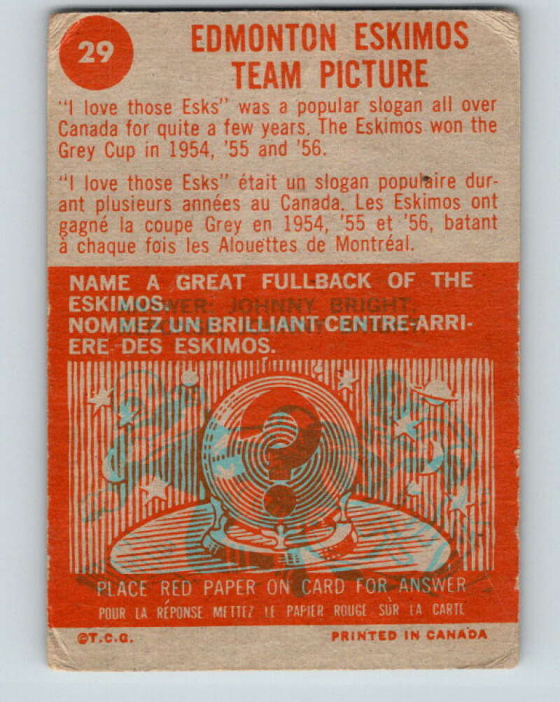 1963 Topps CFL Football #29 Edmonton Eskimos Team Picture  V32734