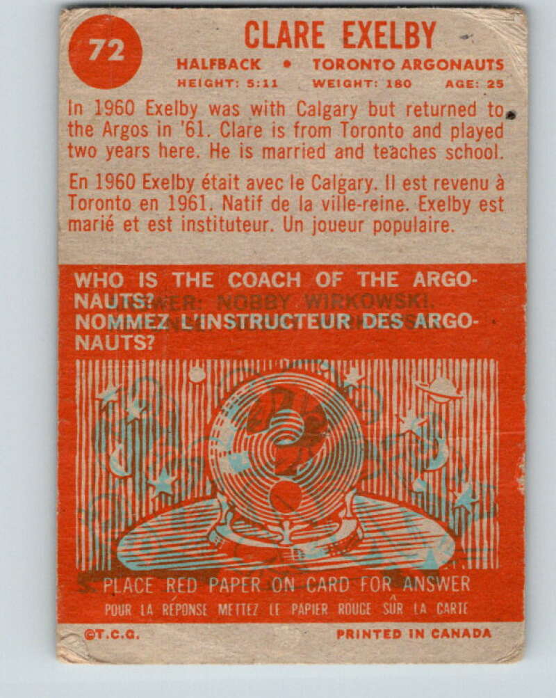 1963 Topps CFL Football #72 Clare Exelby, Toronto Argonauts  V32744