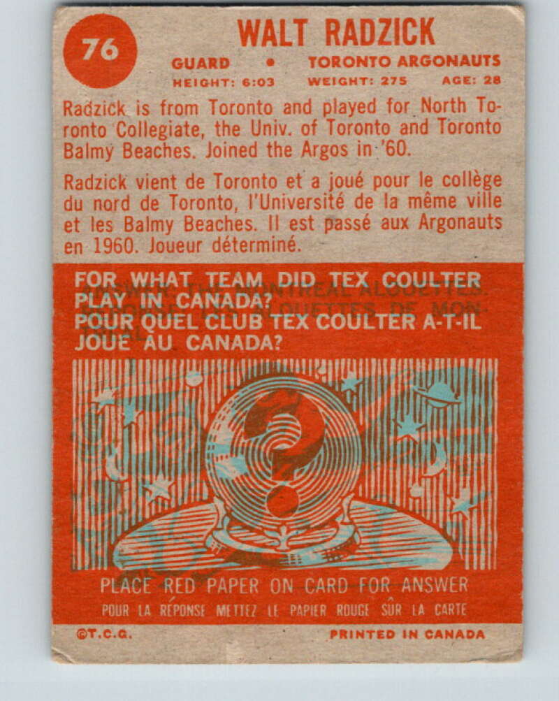 1963 Topps CFL Football #76 Walt Radzick, Toronto Argonauts  V32745