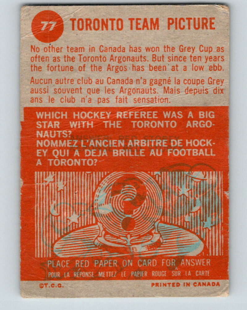 1963 Topps CFL Football #77 Toronto Team Picture  V32746