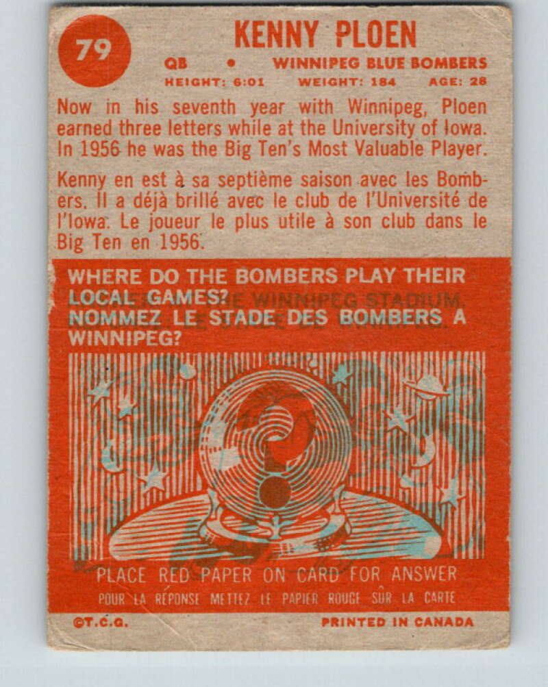 1963 Topps CFL Football #79 Kenny Ploen, Winnipeg Blue Bombers  V32747