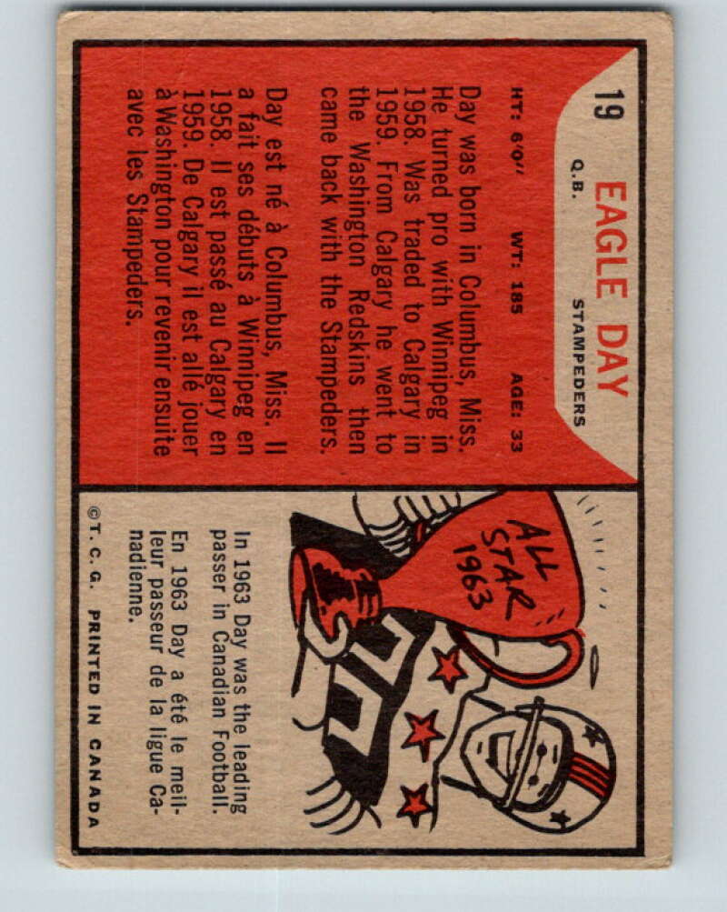 1965 Topps CFL Football #19 Eagle Day, Calgary Stampeders  V32796