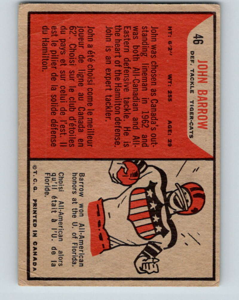 1965 Topps CFL Football #46 John Barrow, Hamilton Tiger Cats  V32816