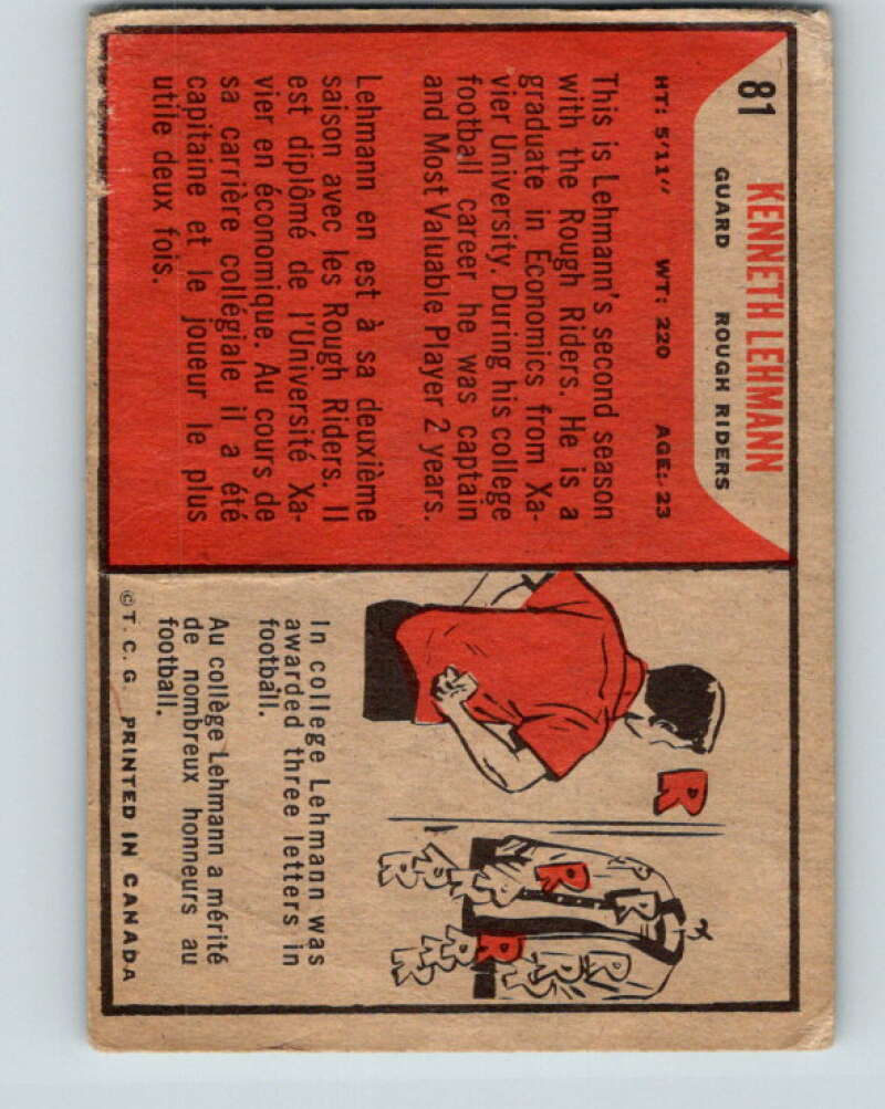 1965 Topps CFL Football #81 Kenneth Lehmann, Ottawa Rough Riders  V32834