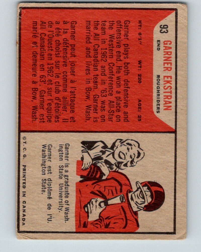 1965 Topps CFL Football #93 Garner Ekstran, Sask. Roughriders  V32840