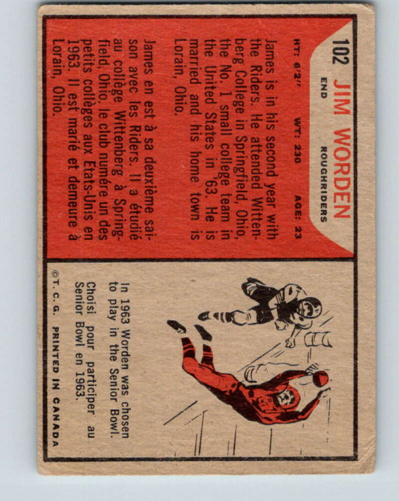 1965 Topps CFL Football #102 Jim Worden, Sask. Roughriders  V32848