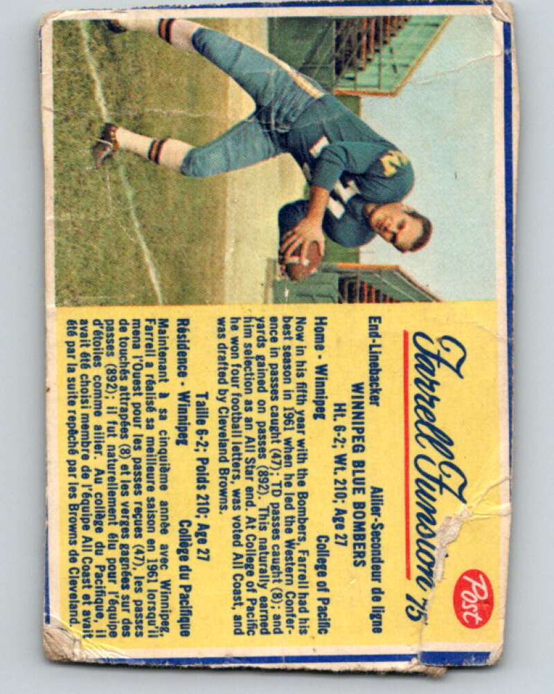 1963 Post Cereal CFL Football #75 Farrell Funsion, Winnipeg Blue Bombers  V32898