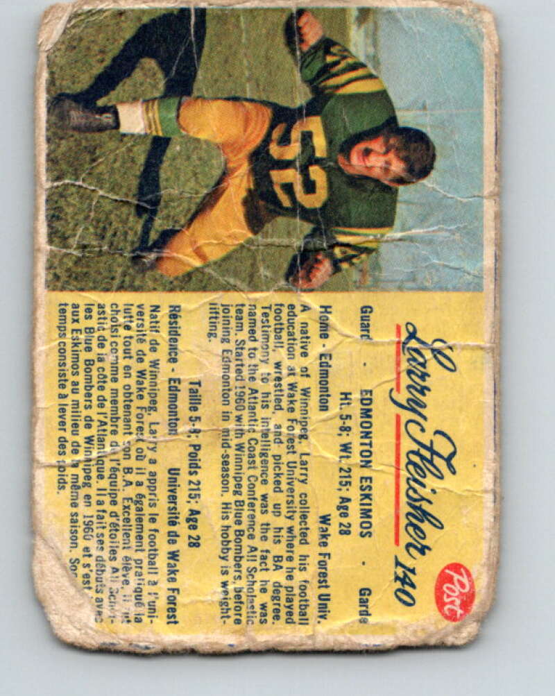 1963 Post Cereal CFL Football #140 Larry Fleisher, Edmonton Eskimos V32911