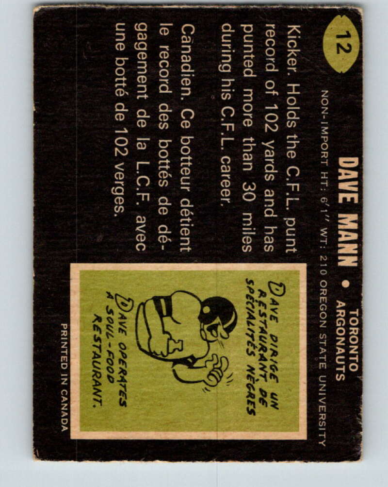 1970 O-Pee-Chee CFL Football #12 Dave Mann, Toronto Argonauts  V32919