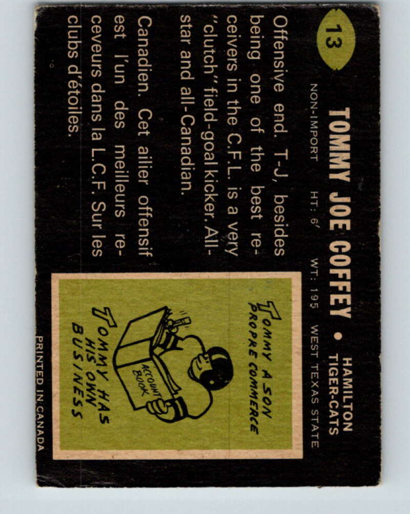 1970 O-Pee-Chee CFL Football #13 Tommy Joe Coffey, Hamilton Tiger-cats  V32920