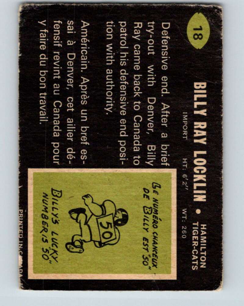 1970 O-Pee-Chee CFL Football #18 Billy Ray Locklin, Hamilton Tiger-cats  V32923
