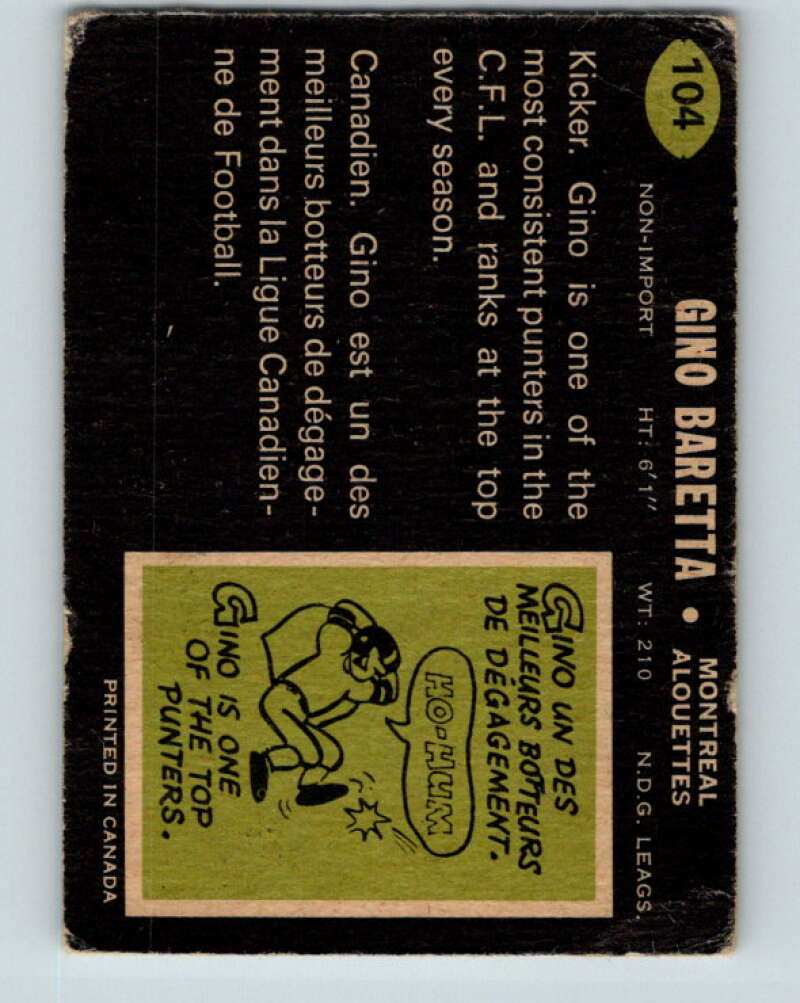 1970 O-Pee-Chee CFL Football #104 Gino Baretta, Montreal Alouettes  V32962