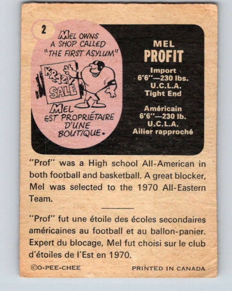 1971 O-Pee-Chee CFL Football #2 Mel Profit, Toronto Argonauts  V32967