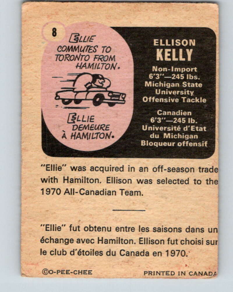 1971 O-Pee-Chee CFL Football #8 Ellison Kelly, Toronto Argonauts  V32969