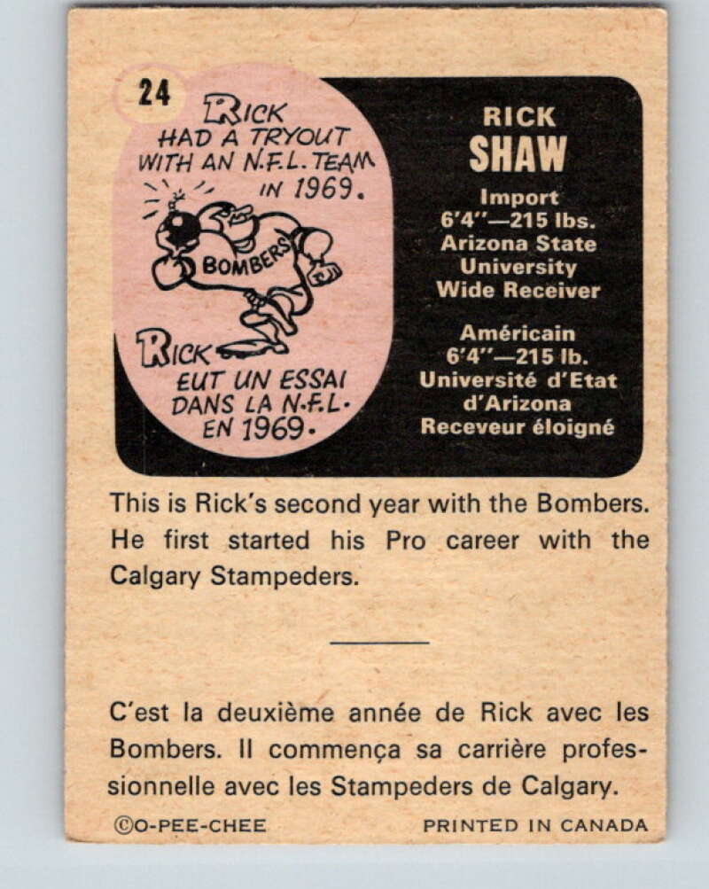 1971 O-Pee-Chee CFL Football #24 Rick Shaw, Winnipeg Blue Bombers  V32978