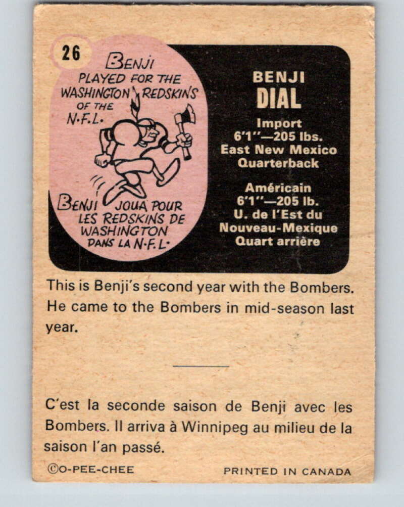 1971 O-Pee-Chee CFL Football #26 Benji Dial, Winnipeg Blue Bombers  V32981