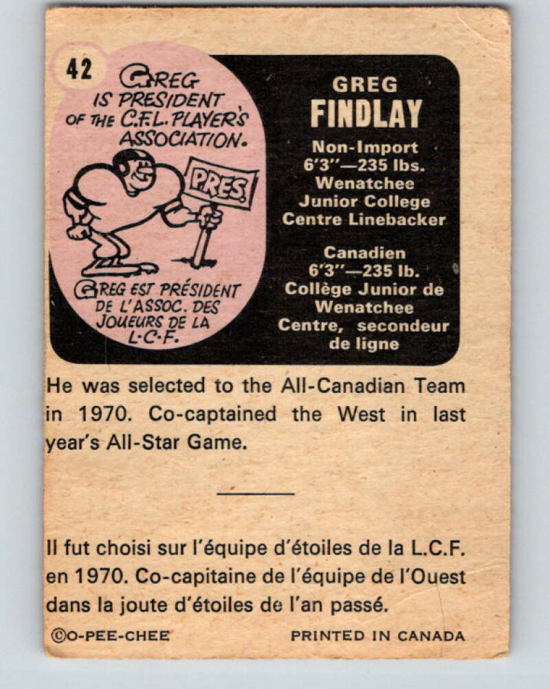 1971 O-Pee-Chee CFL Football #42 Greg Findlay, British Columbia Lions  V32989
