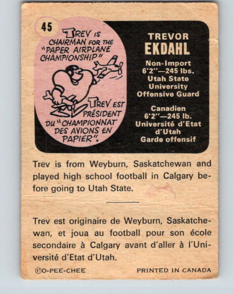 1971 O-Pee-Chee CFL Football #45 Trevor Ekdahl, British Columbia Lions  V32992