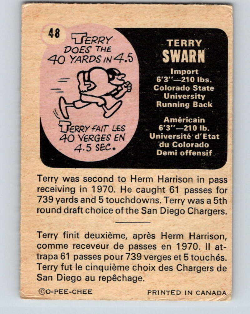 1971 O-Pee-Chee CFL Football #48 Terry Swarn, Edmonton Eskimos  V32993