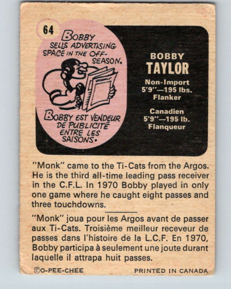 1971 O-Pee-Chee CFL Football #64 Bobby Taylor, Hamilton Tiger Cats  V32999