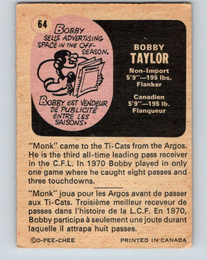 1971 O-Pee-Chee CFL Football #64 Bobby Taylor, Hamilton Tiger Cats  V33001