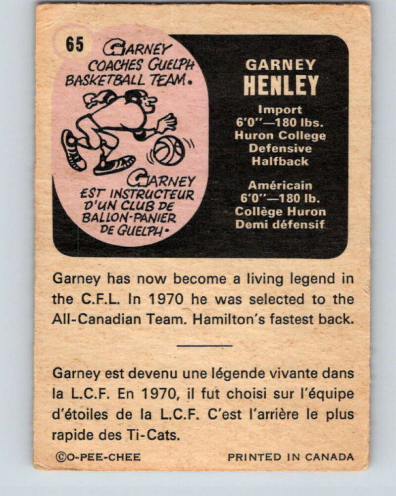 1971 O-Pee-Chee CFL Football #65 Garney Henley, Hamilton Tiger Cats  V33002