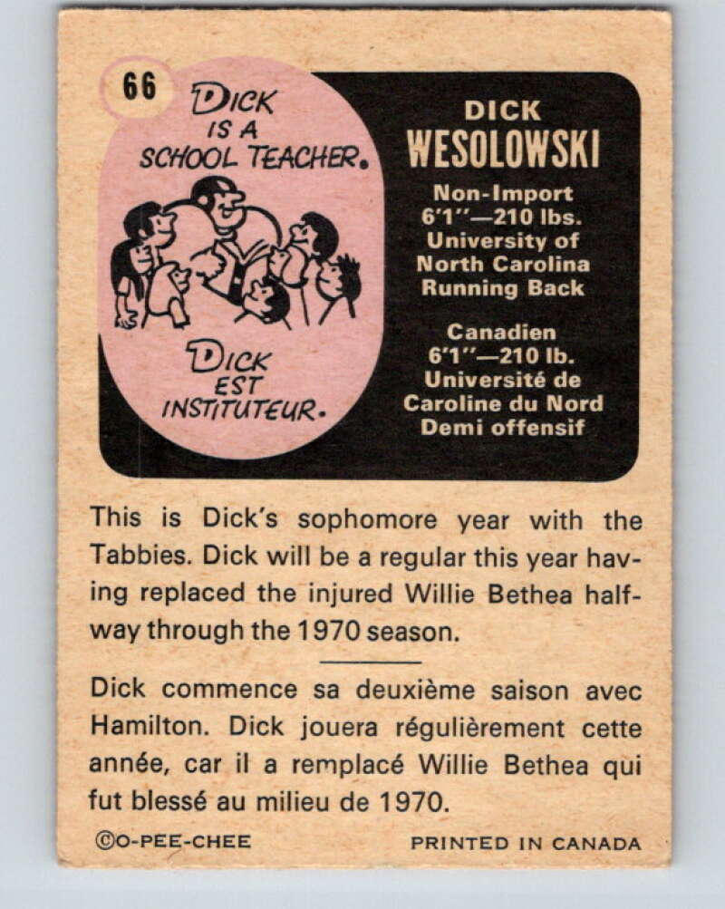 1971 O-Pee-Chee CFL Football #66 Dick Wesolowski, Hamilton Tiger Cats  V33003