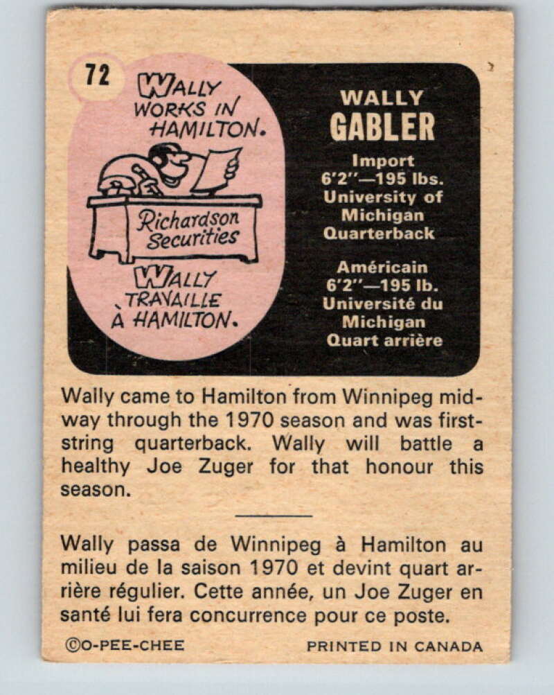 1971 O-Pee-Chee CFL Football #72 Wally Gabler, Hamilton Tiger Cats  V33008