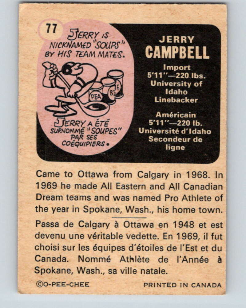 1971 O-Pee-Chee CFL Football #77 Jerry Campbell, Ottawa Rough Riders  V33012
