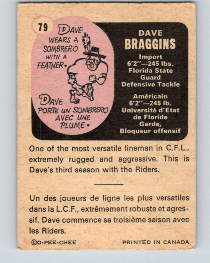 1971 O-Pee-Chee CFL Football #79 Dave Braggins, Ottawa Rough Riders  V33015