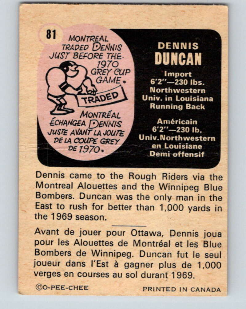 1971 O-Pee-Chee CFL Football #81 Denis Duncan, Ottawa Rough Riders  V33017