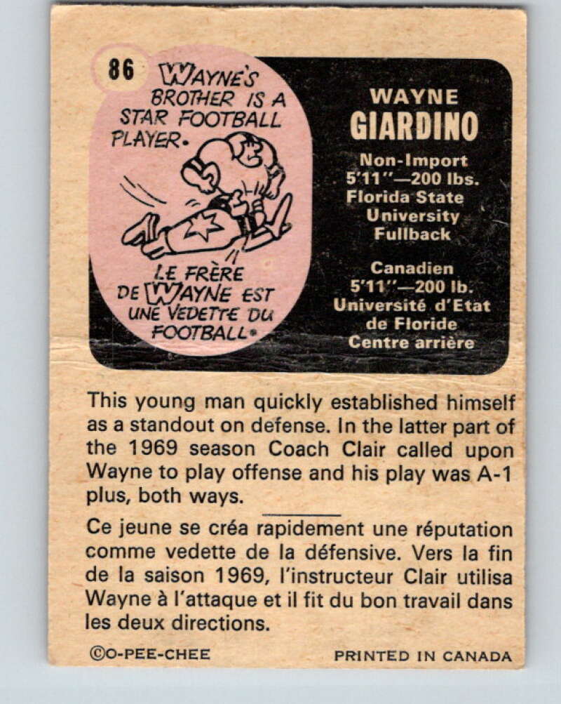 1971 O-Pee-Chee CFL Football #86 Wayne Giardino, Ottawa Rough Riders  V33019