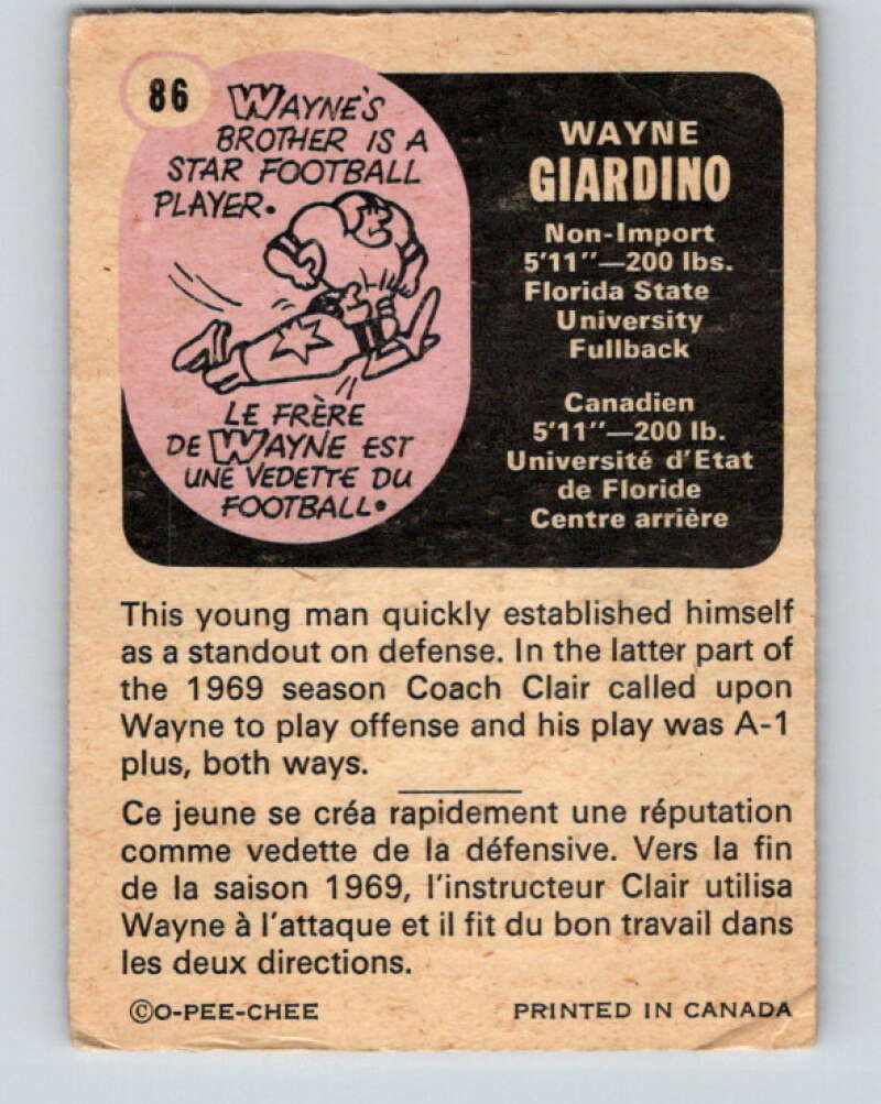 1971 O-Pee-Chee CFL Football #86 Wayne Giardino, Ottawa Rough Riders  V33020